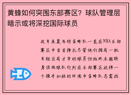 黄蜂如何突围东部赛区？球队管理层暗示或将深挖国际球员